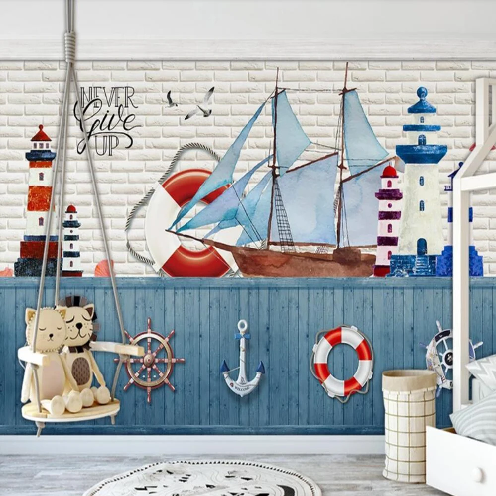 

Milofi custom 3D wallpaper mural Mediterranean sailing lighthouse rudder children's room background wall decoration wallpaper