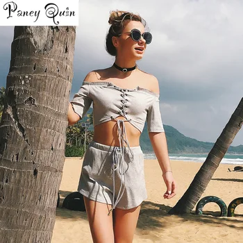

Sexy Off Shoulder Two Piece Set Solid Button Bodycon 2 Piece Set Women short Sleeve Top And shorts Summer beach Sets