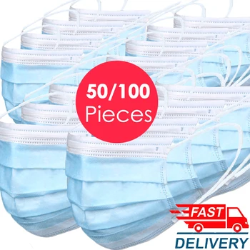 

face mask 50 100 PCS Disposable Mask 3 Layer EarLoops Blue Personal Health Mouth Face Mask Mouth Masks Safety