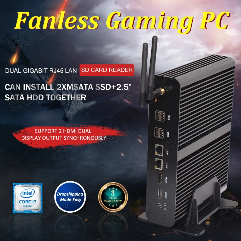 

Eglobal i7 Mini PC Barebone Fanless Rugged Box 4K Dual Lan Dual H DMI SD Card Optical Samll PC