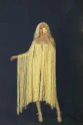 Женская одежда, Золотая длинная бахрома, боди, блестящие стразы, костюм для танцевального представления, сексуальный комбинезон с