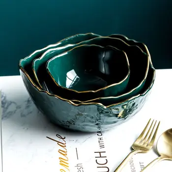 

Irregular Gold Inlay Edge Ceramic Dark Green Rice Serving Bowl Food Storage Container Fruit Bowl Salad Bowl Decoration Tableware