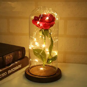 

Home Decoration Glass Bottle Vase Rose with Light Fallen Petals In Glass Dome Wooden Base Rose Flower Birthday Valentine's Gifts