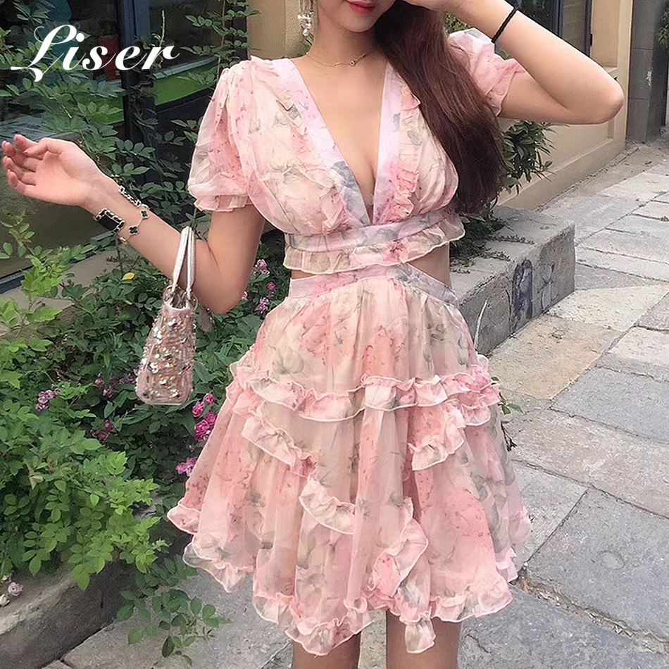 

Liser 2019 New Summer Women Dress Sexy V Neck Ruffles Print Mini A-Line Dress Elegant Club Celebrity Party Dresses Vestidos