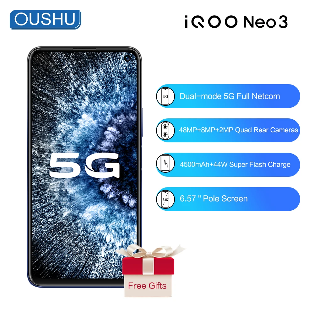 В наличии двухрежимный смартфон 5G IQOO neo 3 Snapdragon 865 144 Гц 6 57 '' гоночный экран 12 Гб