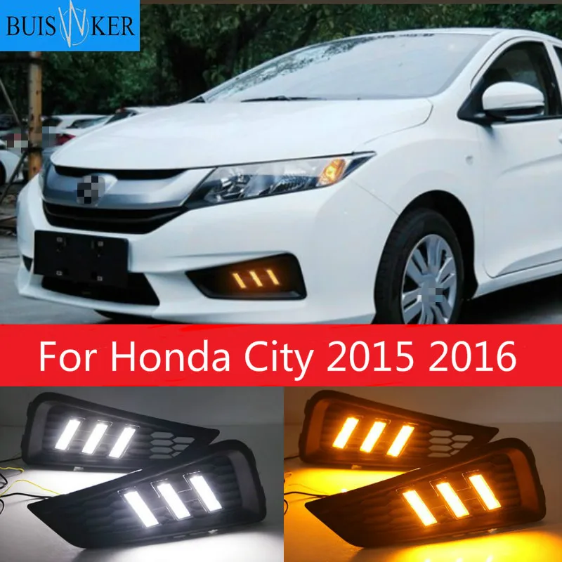 

Светодиодный дневной светильник s для Honda City 2015 2016 колпак противотуманных фар LED drl с желтым сигнал поворота светильник Тюнинг автомобилей