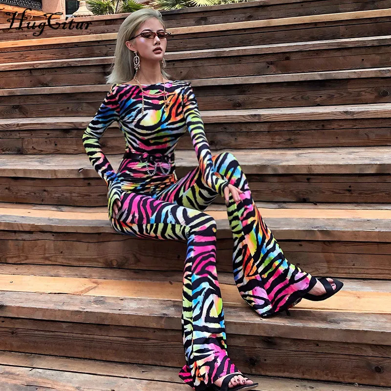 Online Hugcitar 2019 espalda descubierta sexy Otoño Invierno mujer flare mono romper streetwear estampado Arco Iris club fiesta rayado cuerpo bodycon