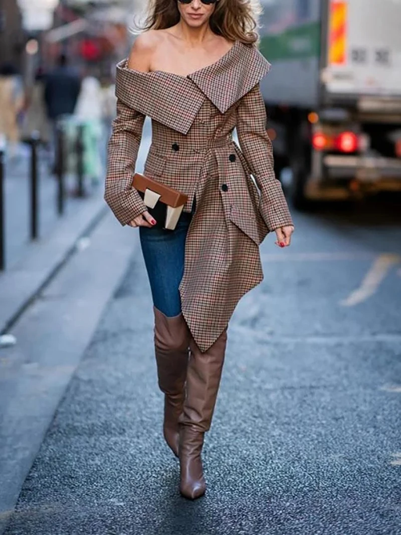 Женская куртка с открытыми плечами, зимняя элегантная женская куртка, клетчатая нестандартная накидка с отворотом, офисные женские пальто без бретелек