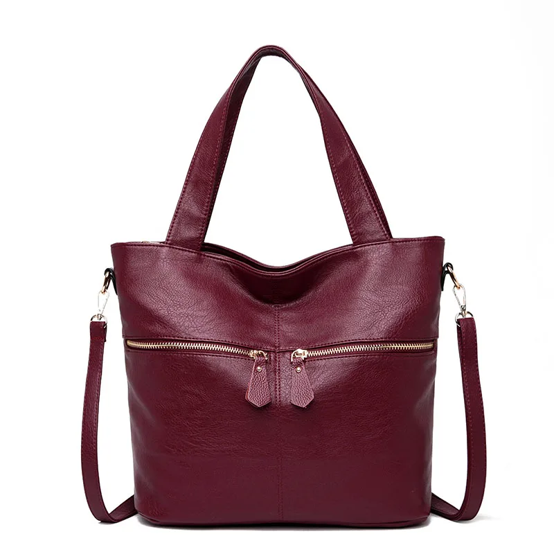 LONOOLISA, двойная молния, мягкая кожа, роскошные сумки, женские сумки, дизайнерские, новые, большие, сумка-тоут, женская сумка на плечо, сумка для основной женщины - Цвет: Wine Red