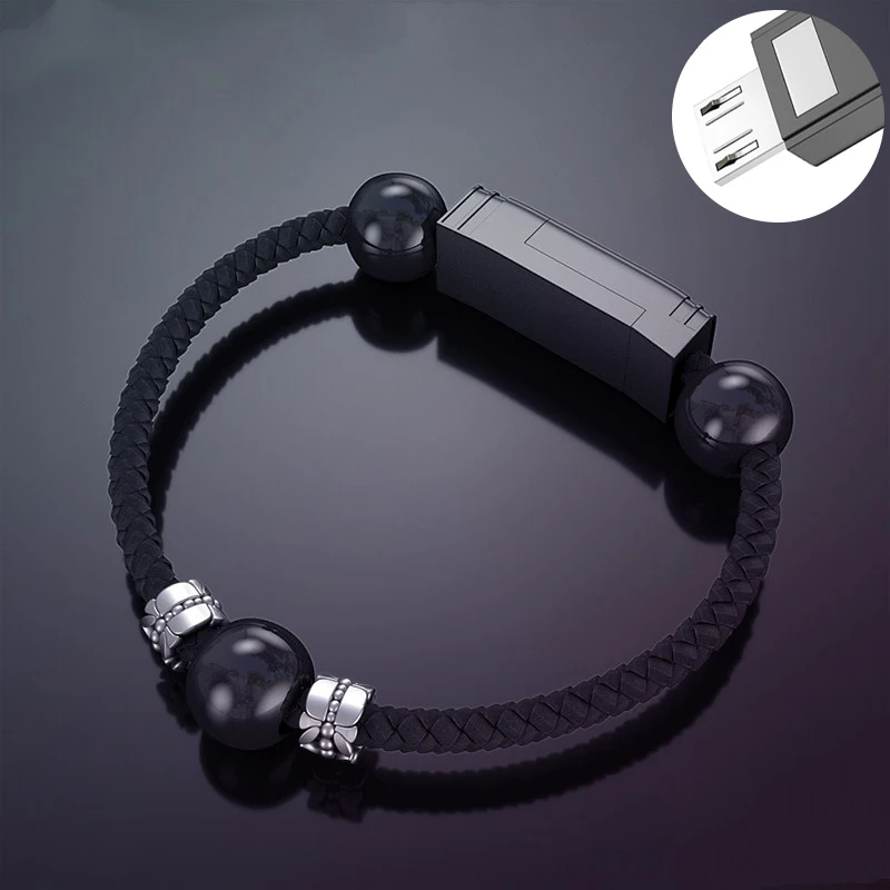 Мини кабель Micro USB Тип C Портативный кожаный браслет бусины для Samsung Huawei Android