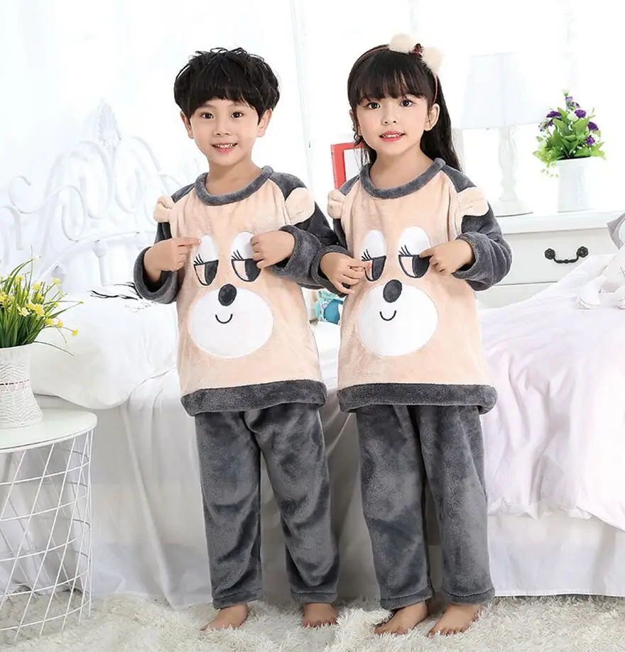 Осенне-зимняя детская Фланелевая пижама домашний костюм для мальчиков и девочек серый комплект из двух предметов из кораллового флиса для мальчиков и девочек
