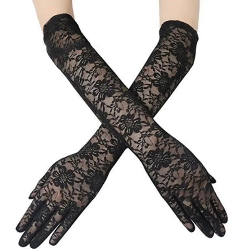 

Hollow Floral Lace Long Wedding Gloves Solid Color Elbow Length Bridal Mittens