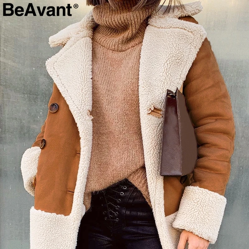BeAvant, винтажное замшевое лоскутное меховое пальто, женские пуговицы, карманы, плюшевое теплое пальто, Осень-зима, уличная одежда, женские длинные куртки - Цвет: Хаки