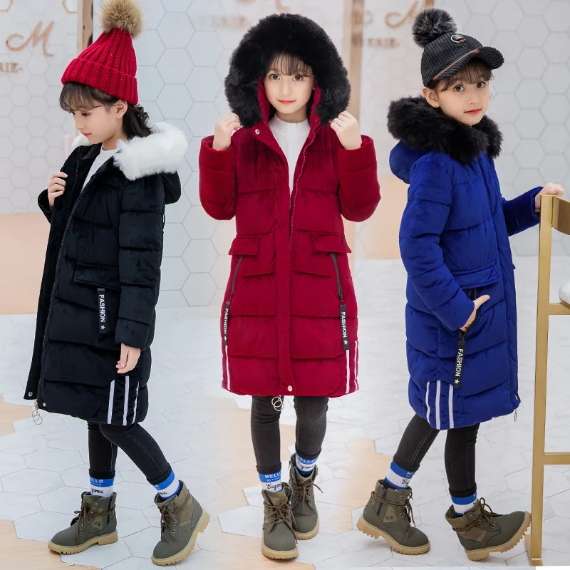 

Winter New Style Girls Padded Cotton Clothes Korean-style Big Boy Thick Children Mid-length Liz rong da Fur Collar Cotton Coat
