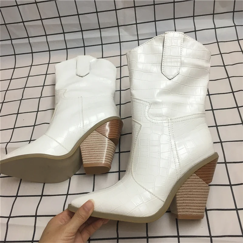 

2020 Yellow Burgundy Ankle Boots Women Fetish Retro Western White Leather Boots Wedges 10cm High Heels Lady Chunky Stripper Shoe