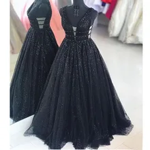 Черное блестящее Тюлевое пышное платье больших размеров, длинное бальное платье с v-образным вырезом, пышное вечернее платье Vestido de 15 anos