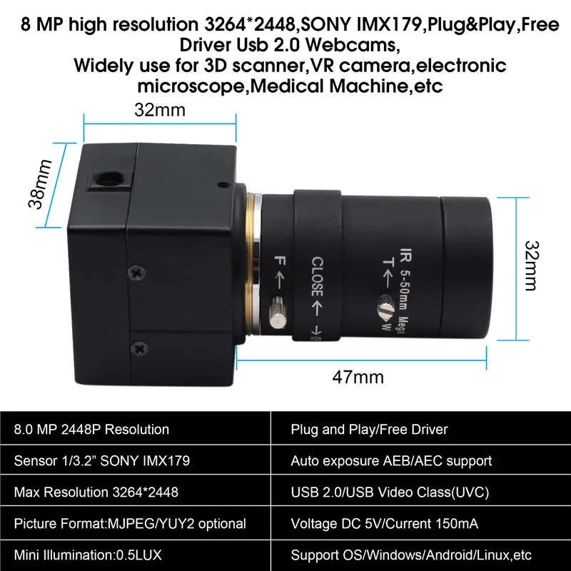 ELP 5-50 мм 2,8-12 мм объектив 8MP USB веб-камера с CMOS IMX179 сенсор для Android Linux Windows промышленное видео