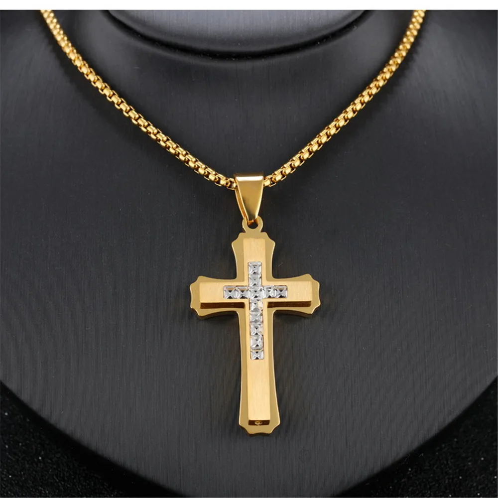 Cross Necklace With zircon Long Pendant Titanium Steel Fashion Jewelry On The Neck Gold Silver Chain Domineering Male Necklace