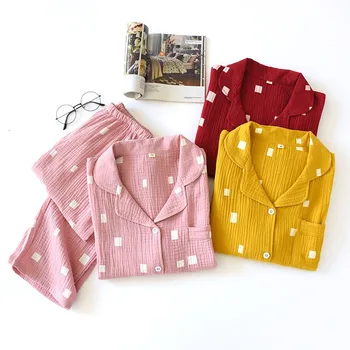 

2020 Ladies Simple Style Pajama Set Women Comfort Gauze Cotton Pajamas Suit + Pants Femme Homewear Spring and Autumn 021
