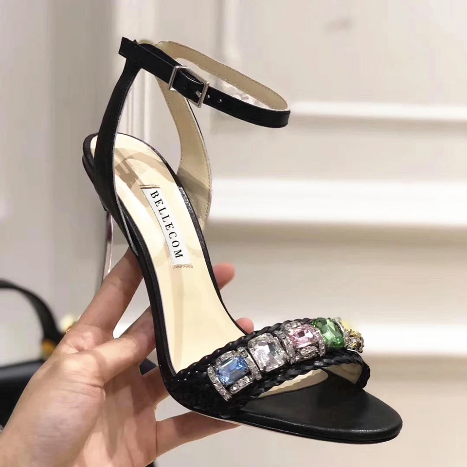 SONFRNCH Summer 2019 New Fashion Ladies'Water Diamond Sandals with Leather Open Toes and Buckles and High heels