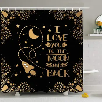 

Shower Curtain Set with Hooks 66x72 Valentines Back Day Typographic Love You Black Moon Rocket Font I Miscellaneous Abstract