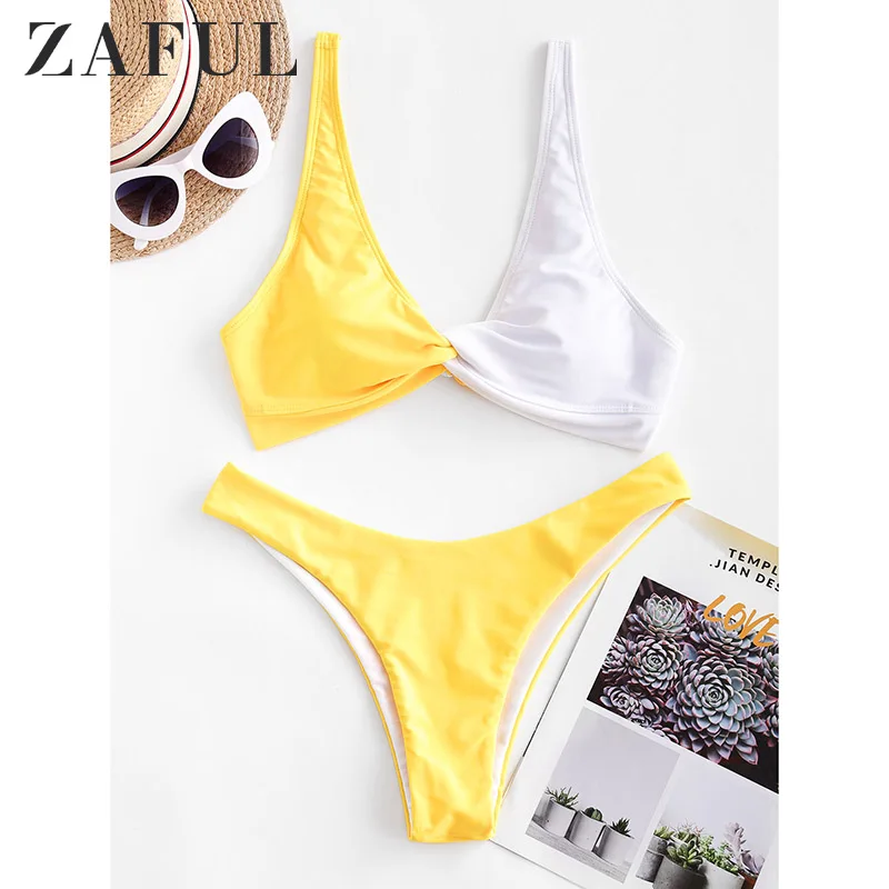 

ZAFUL Lace-Up Two Tone Bikini Set Swimwear Women High Cut Swimsuit Sexy Spaghetti Straps Padded Thong Biquni Bathing Suit