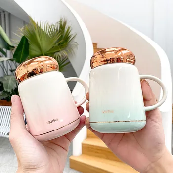 

Nordic Brief Gradient Ramp Ceramic Mug Handgrip with Mirror Lid Creative Milk Cup Business Office Coffee Mug for Women Man Lover