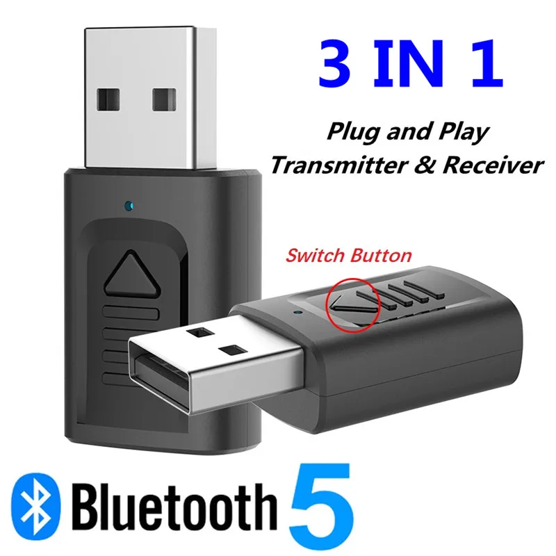 USB Bluetooth 5.0 Transmitter Receiver Stereo Audio Adapter AUX 3.5mm TV CAR PC