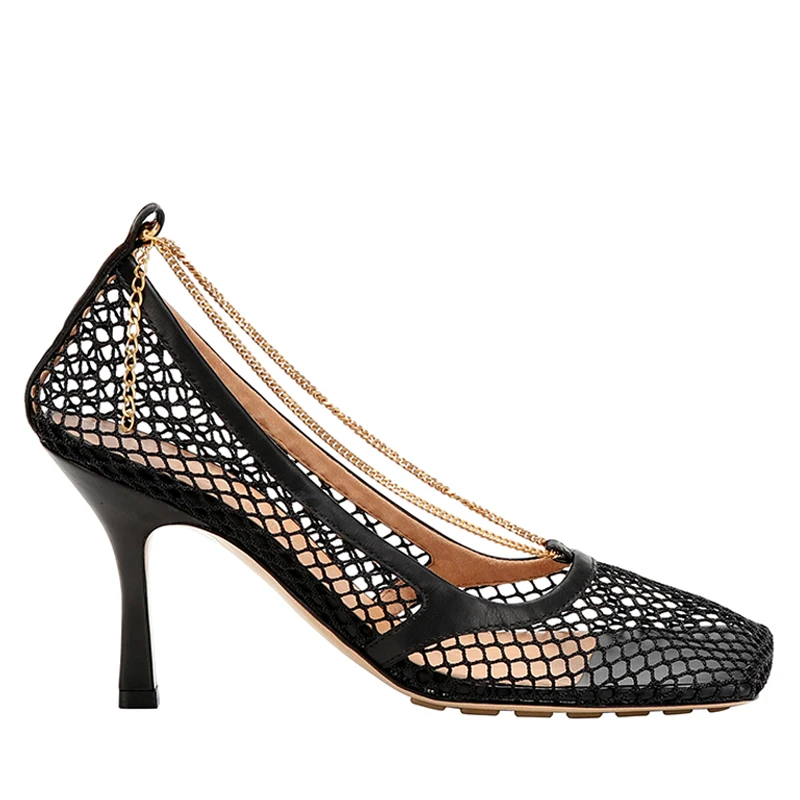 Женские сетчатые сандалии с цепочками высокий каблук вырезами открытые открытым