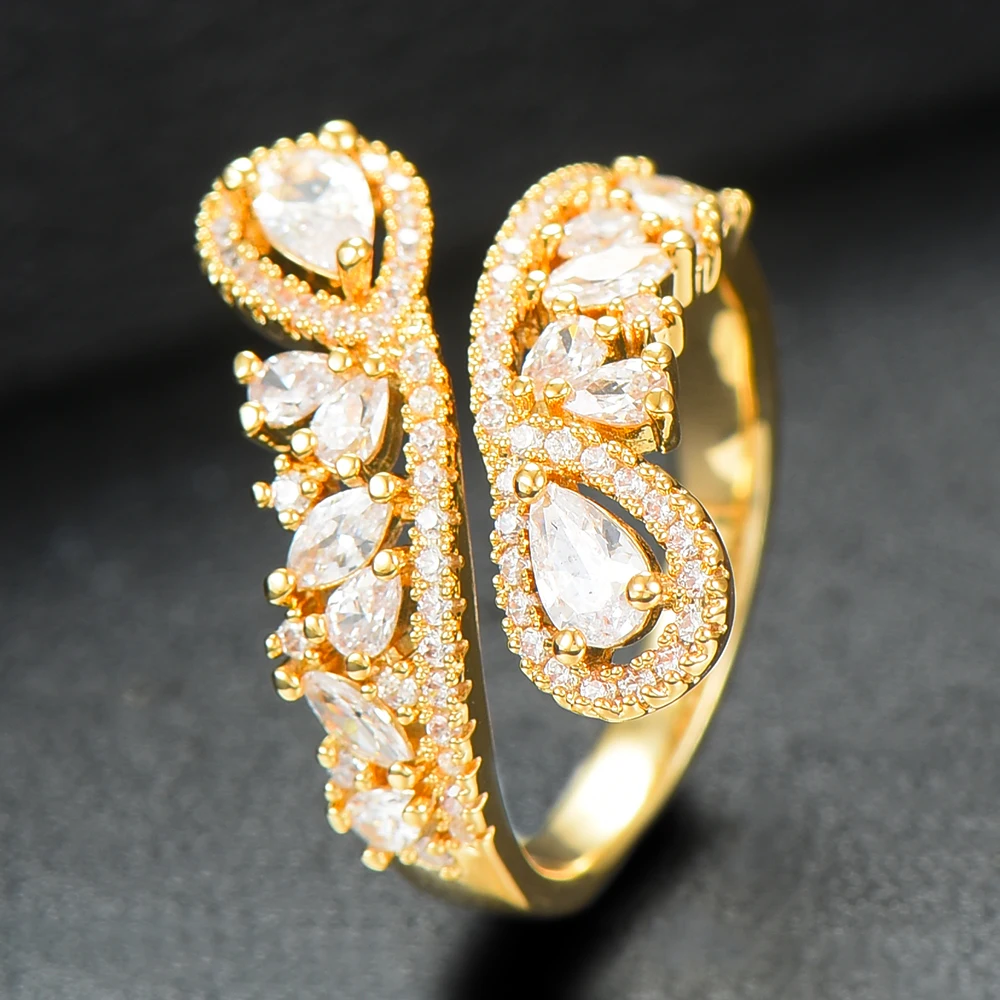 GODKI, роскошный набор колец с угловым крылом, 2 шт., ювелирные наборы для женщин, свадебные с кубическим цирконом и кристаллами CZ aretes de mujer, современный стиль - Окраска металла: Gold Ring