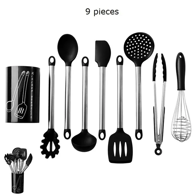 Black 9pcs-A Нержавеющая сталь Пищевая силиконовая ложка для приготовления супа ковш-шпатель для яиц Тернер кухонные инструменты кухонная посуда набор 9 шт - Цвет: Black 9pcs-A