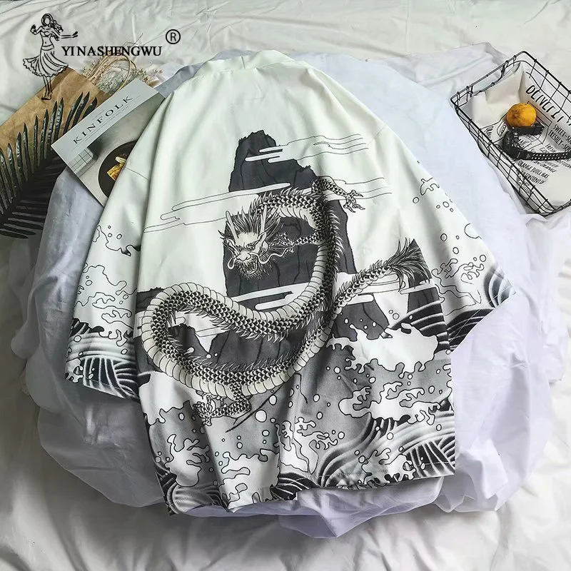 Yukata Women Cosplay Costume Kimono Harajuku Japanese Streetwear Style Waves Flying Dragon Loose Chiffon Cardigan Kimono Tops