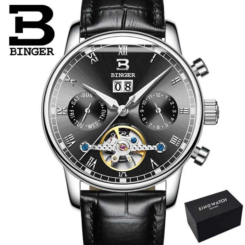 leather black Sblack Двойной турбийон, швейцарские часы Бингер, оригинальные мужские автоматические часы, модные мужские механические наручные часы с кожаным ремешком - Цвет: leather black Sblack