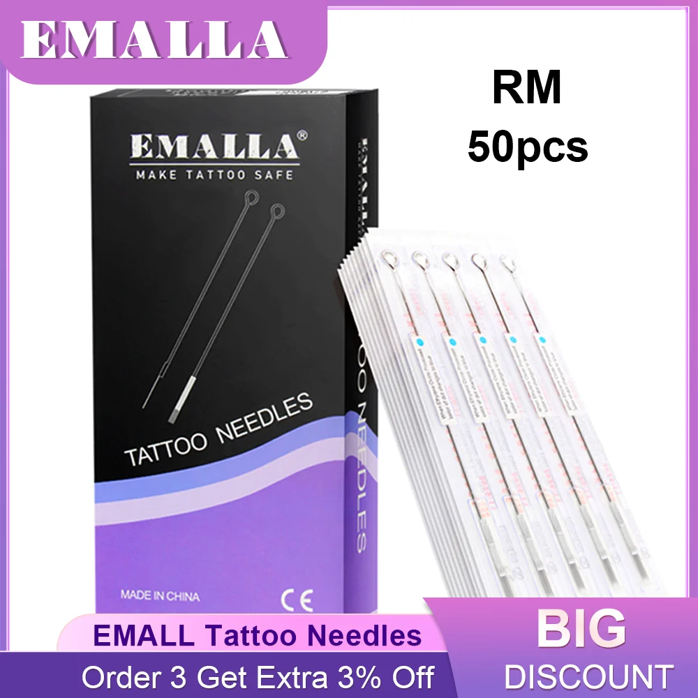 EMALLA 50PCS 0.35mm 5/7/9/11/13/15RM Tattoo Needles Disposable Assorted Sterile Round Magnum for Kits Supplies |