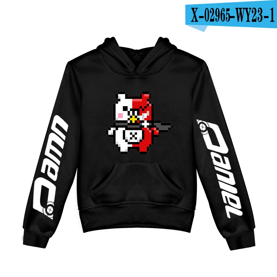 black Популярные детские худи для мальчиков и девочек с принтом monokuma, Повседневные детские толстовки с капюшоном, осенняя уличная одежда в стиле Харадзюку, белые пуловеры monokuma - Цвет: black