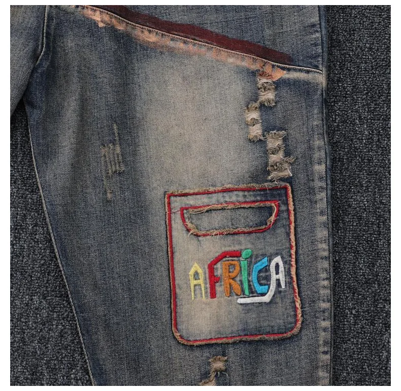 Personalized Character Patchwork Denim Harem Pants For Women National Vitnage Hole Ripped Jeans Woman Washed Embroidery Trousers