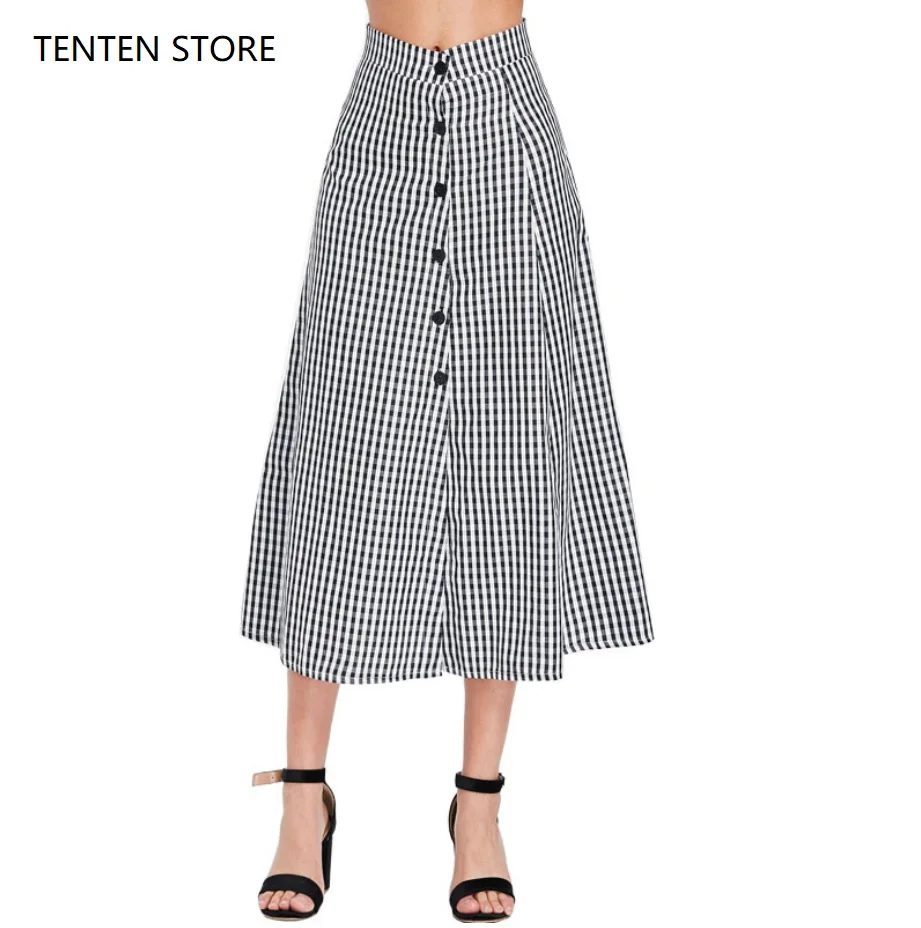 

Fall 2019 plaid midi skirts women high waist button skater long vintage tulle harajuku skirts casual a line skirt female black