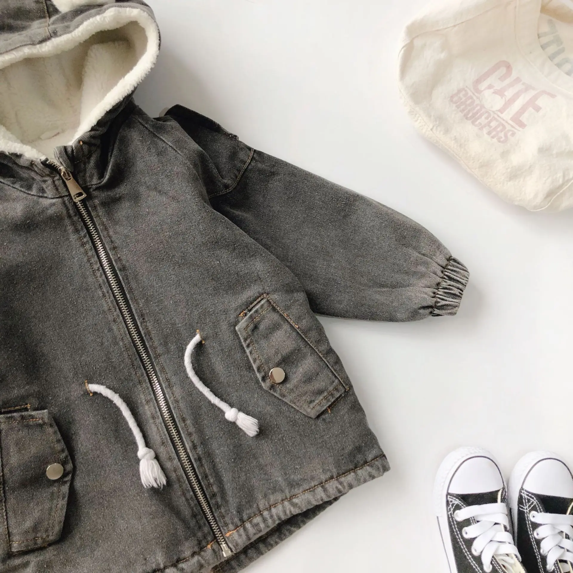 WLG girls winter coats kids cartoon style denim black velvet thick outerweawr baby girl warm casuasl all match clothes 2-6 years