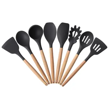 

8pcs Silicone Kitchen Tools Cooking Sets Soup Spoon Spatula Non-stick Shovel with Wooden Handle Heat-resistant Design