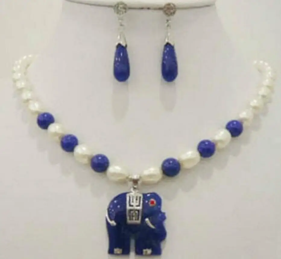 Jewelry Set hite pearl blue jade elephant pendant necklace earrings Free Shipping | Украшения и аксессуары