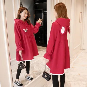

NEW Autumn Long Sleeve Loose Dress Maternity Clothes For Pregnant Women Red Color Cute Rabbilt Pattern Hooded Outwear Cloth