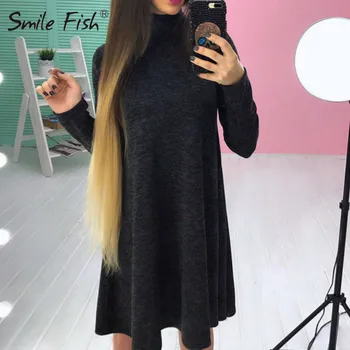

Turtleneck Autumn Spring Casual A-Line Dress Women Long Sleeve Plus Size Solid Loose Mini Dress Office Lady Elegant Dress GV160