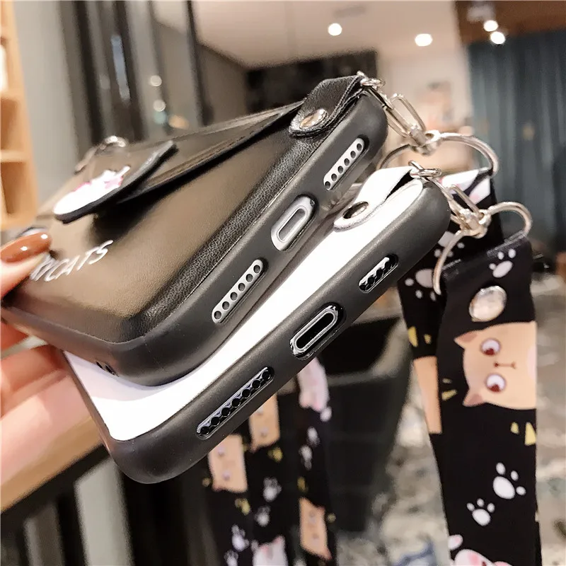 Милый чехол со слотом для карт для iPhone 11 Pro Max XR X Xs Max, мягкий чехол для телефона из искусственной кожи с рисунком счастливого кота s для iPhone 7, 8, 6, 6s Plus, ремешок на ремешке
