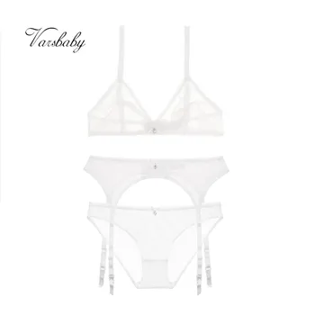 

Varsbaby sexy see-through deep V underwear wire free seamless unlined bra+panty+garter 3 pcs bra set