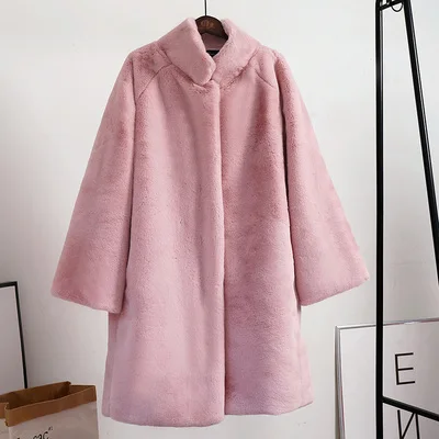 Winter Women Fur Covered Button Furry Faux Fur Coats Women's Long Loose Soft Rabbit Fur Overcoat Winter warm high-quality coat - Цвет: pink