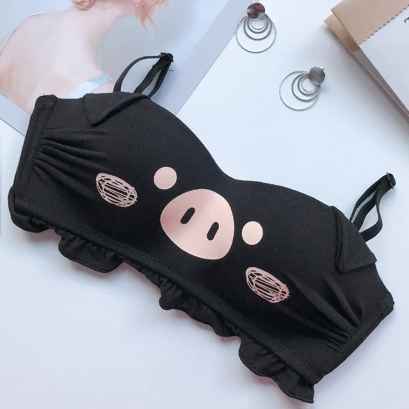 black bra Xianqifen, хлопковый, милый, с рисунком поросенка, бюстгальтер для женщин, сексуальный, красота, сзади, беспроводное нижнее белье, полная чашка, маленький размер, бюстгальтер для девочек, чашка AB - Цвет: black bra