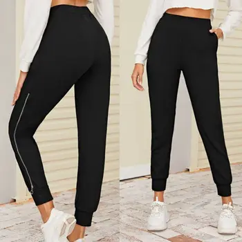 

Fashion Women Black Zipper Hem Long Pants Autumn Casual Ladies High Waist Trousers