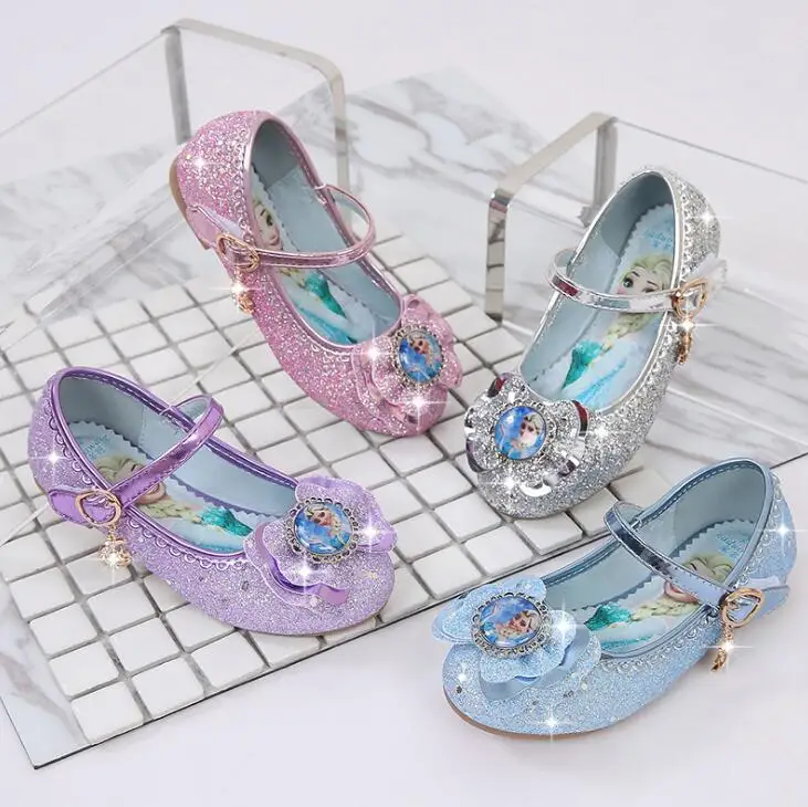 Zapatos planos con lentejuelas congelados princesa Elsa vestido Zapatos niños zapatos de cuero de la Pu zapatos Cosplay Disney niños sandalias 4 colores