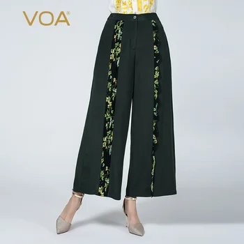 

VOA ink green 36 mmi heavy silk print edgy folds stitched micro-bullet thick slung-legged casual wide-legged trousers K917