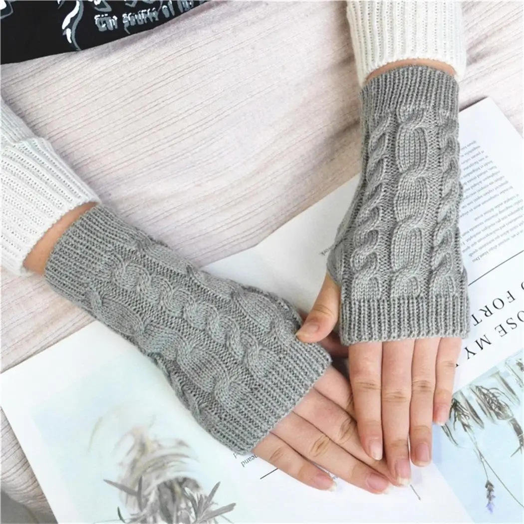 light gray Осенне-зимние теплые перчатки с открытыми пальцами, вязаные цельные перчатки для женщин, повседневная жизнь, варежки - Цвет: light gray
